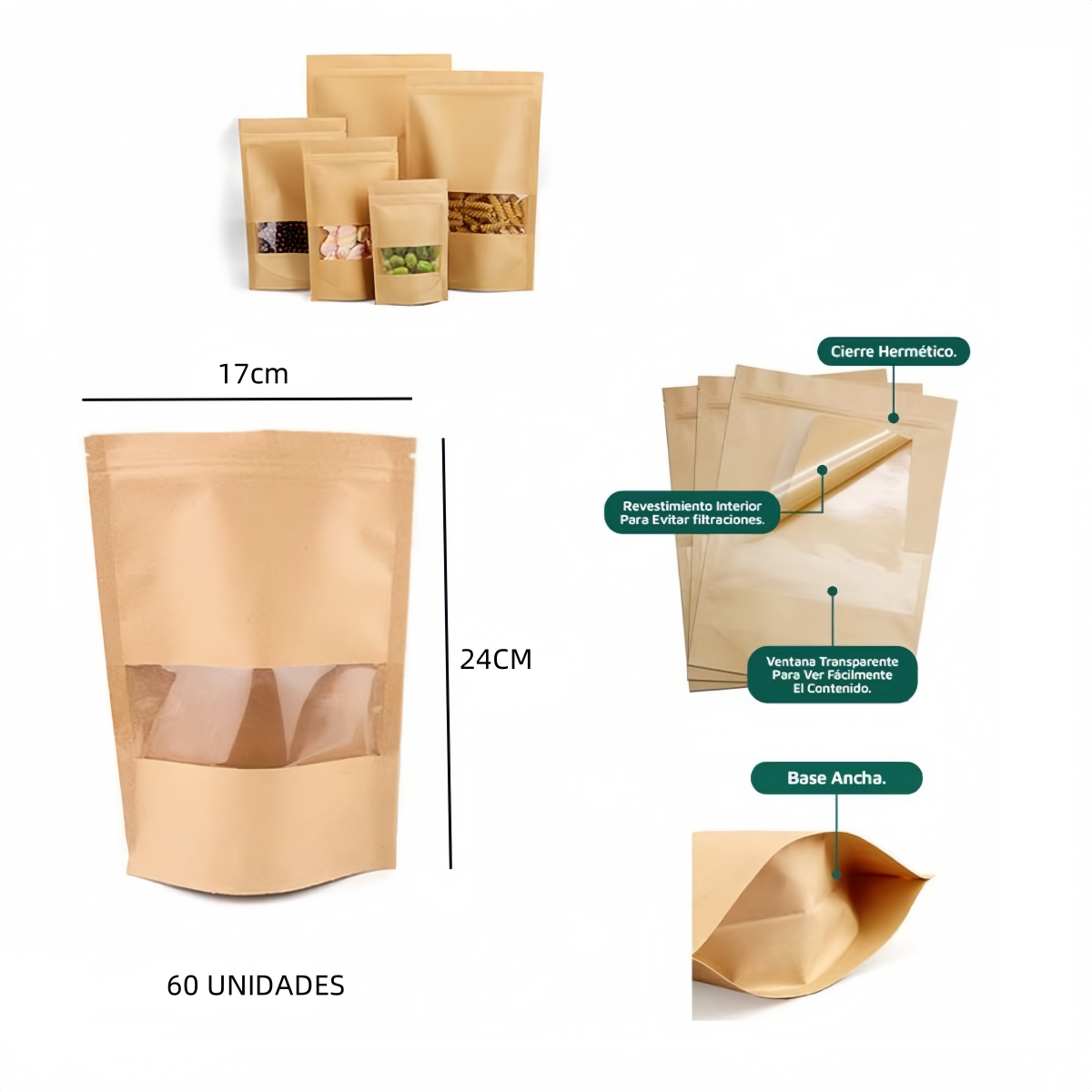 Bolsa de Papel Kraft Con Ventana,Bolsas Ziplock Reutilizables, Bolsas Papel A Prueba de Humedad, Bolsas de Papel Para Té, Dulces, Semillas, Frutos Secos