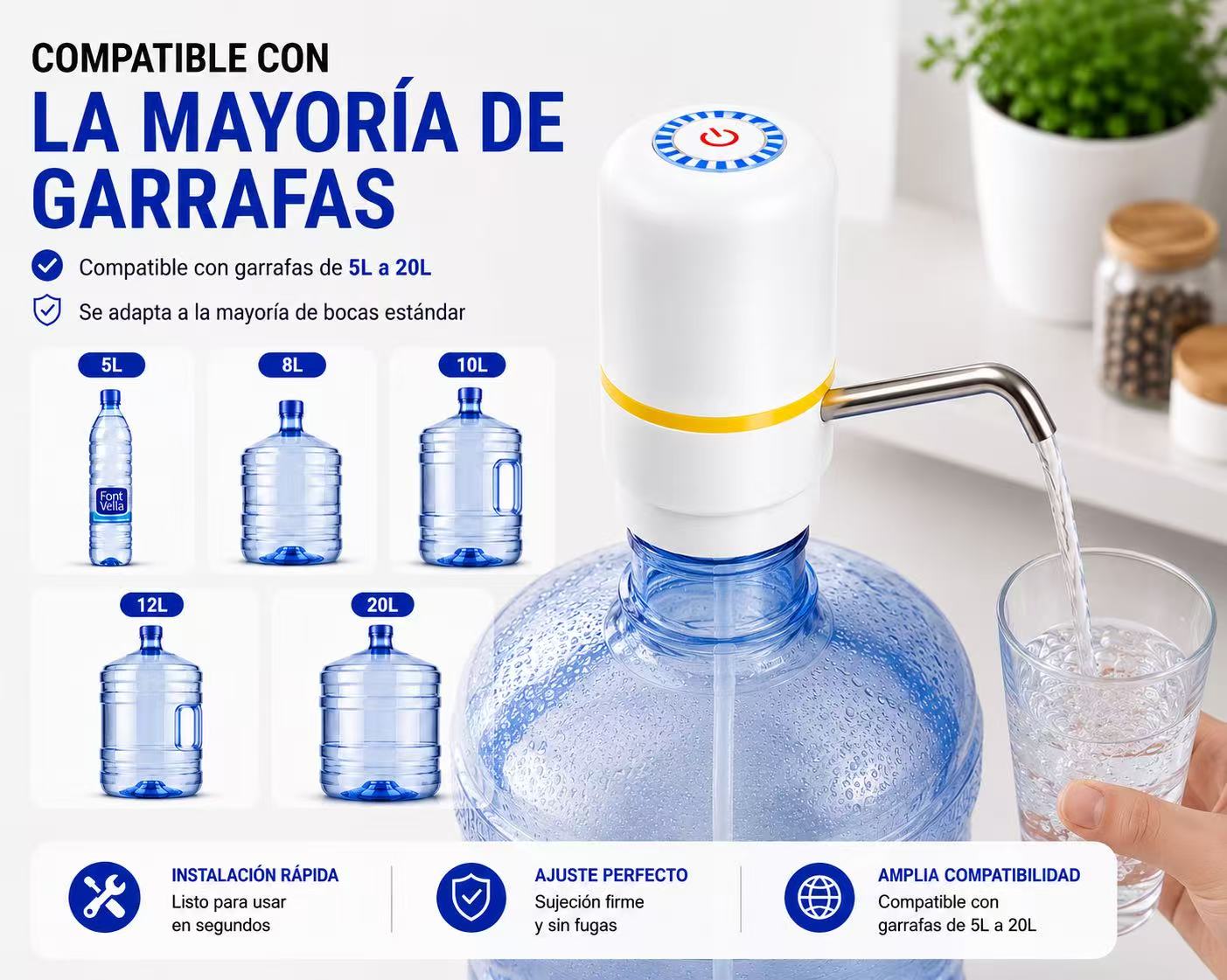 Dispensador de Agua para Garrafas 5L-20L, Bomba de Agua Eléctrica Automática USB-C Recargable, Adaptador Universal, Tubo de Acero Inoxidable, Compatible con la Mayoría de Bidones
