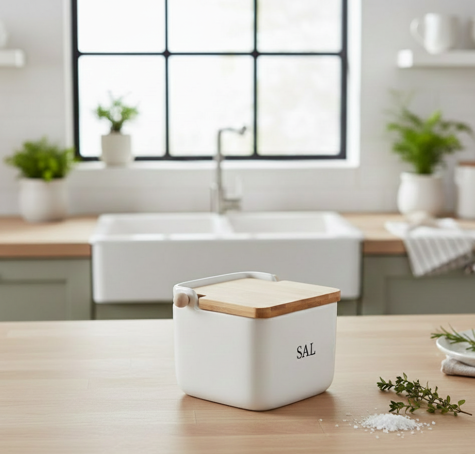 Salero y azucarero cocina blanco minimalista ceramica con tapa madera español (Salero)