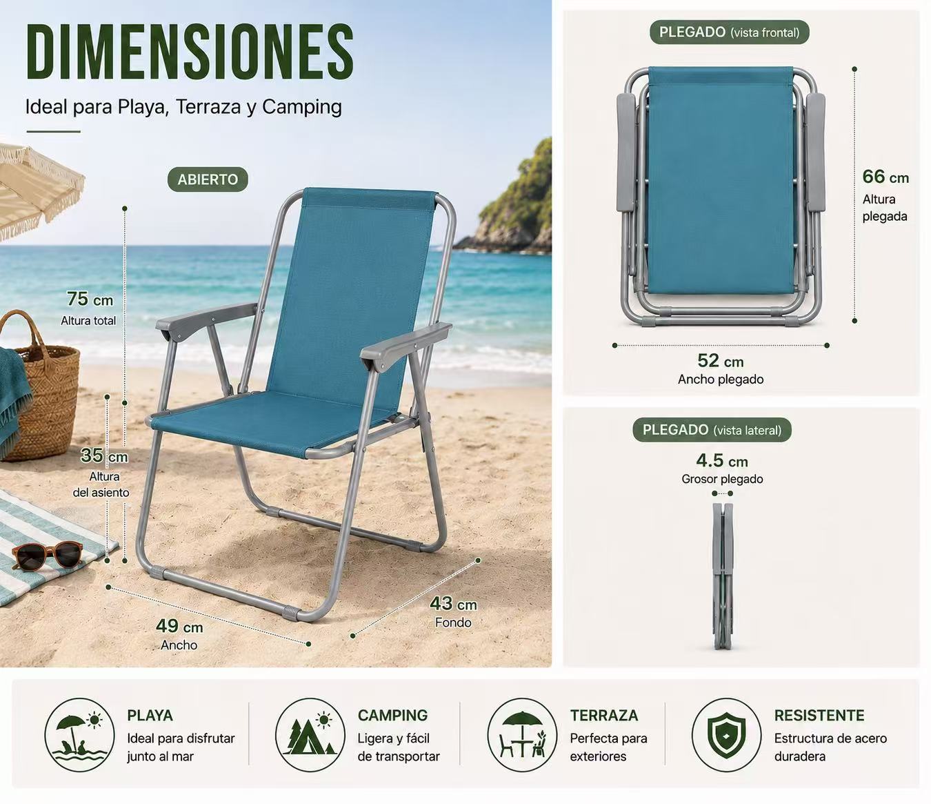 Silla de Playa Plegable Compacta, Ultraligera, con Respaldo Alto y Reposabrazos, Fácil de Transportar, Ideal para Playa, Camping, Terraza, Jardín, Balcón y Exterior