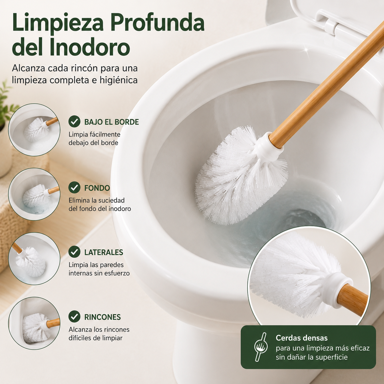 Pack 2 Escobillas Blanca Palo de Bambu,Escobilla de Baño de Bambú, Juego de 2 Cepillos para Inodoro con Mango de Madera Natural,