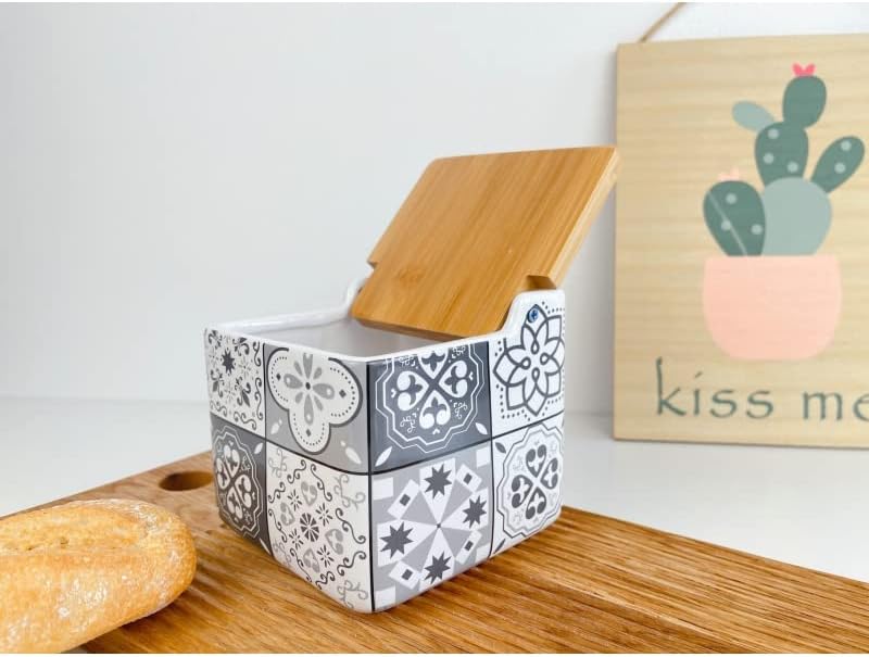 Salero de Cocina de Cerámica con Tapa de Madera Diseños Originales Mosaico Bicolor