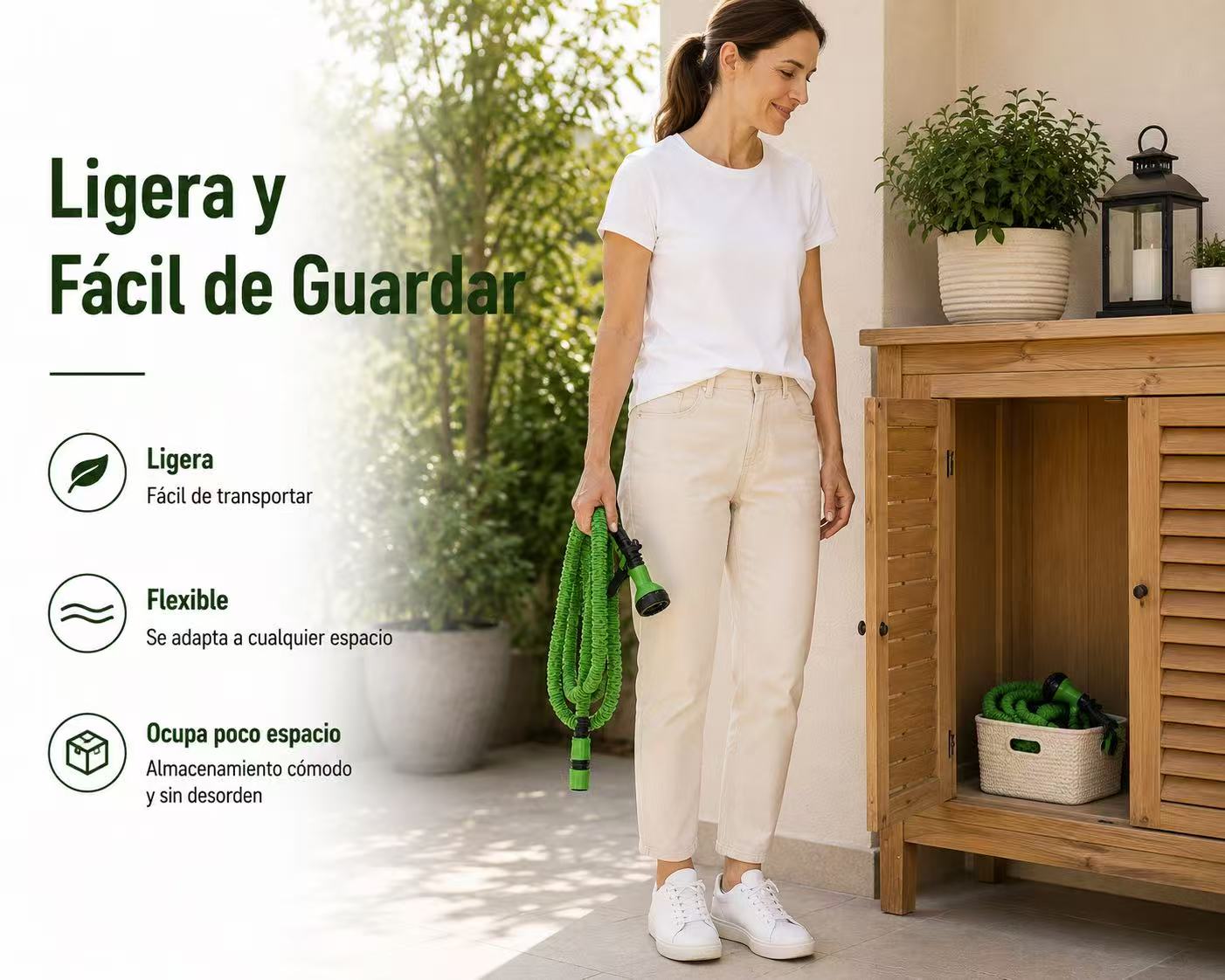 Manguera Extensible de Jardín 5-15 m con Pistola de Riego de 7 Modos y Gatillo con Bloqueo, para Césped, Piscina, Terraza y Lavado de Coches