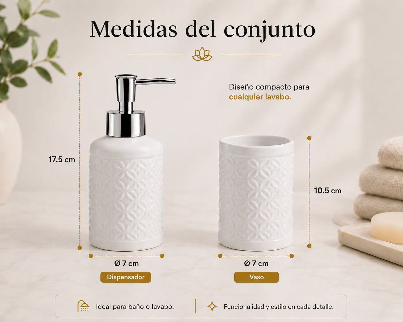 Set de Baño de Cerámica, Dispensador de Jabón y Vaso para Cepillos de Dientes, Accesorios para Baño y Lavabo, Diseño Moderno