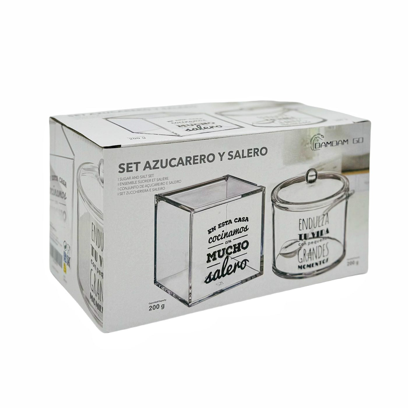 Juego de salero y azucarero de cocina original ACRILICO diseño frase . ""LA SAL DE MI VIDA Y MOMENTOS DULCES""