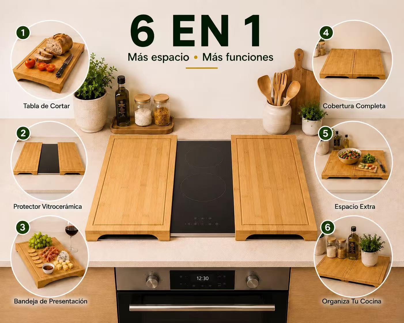 Protector para Vitrocerámica e Inducción, Pack de 2 Tablas de Cortar de Bambú con Ranura Antiderrames, Amplía el Espacio de Trabajo para Cortar, Servir y Proteger, 53,8 × 28 cm