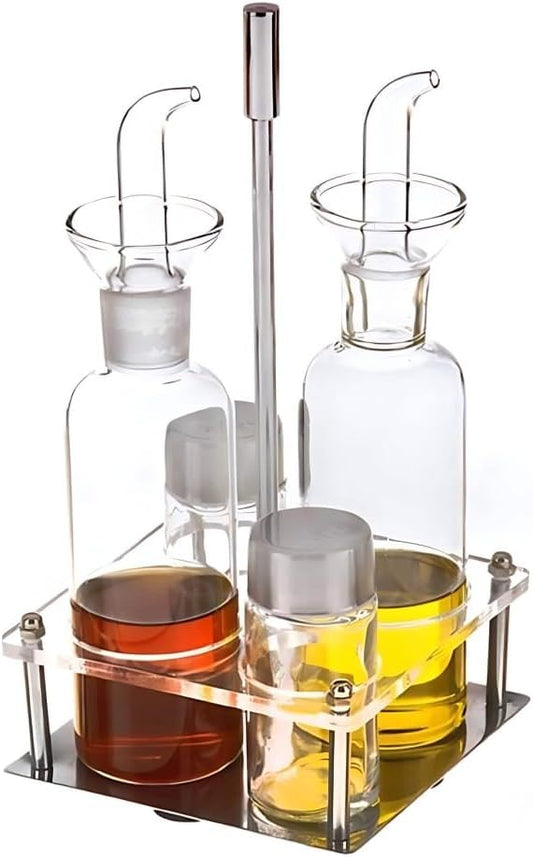 Juego Aceitera de Vidrio Antigoteo 4 Piezas con Soporte