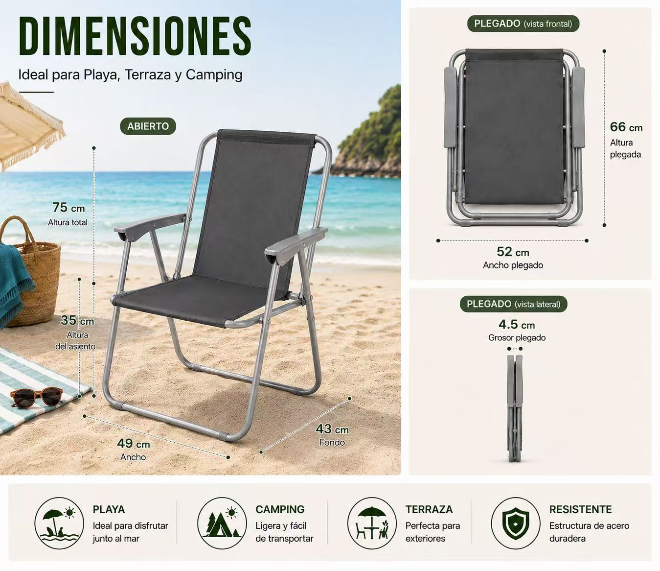 Silla de Playa Plegable Compacta, Ultraligera, con Respaldo Alto y Reposabrazos, Fácil de Transportar, Ideal para Playa, Camping, Terraza, Jardín, Balcón y Exterior