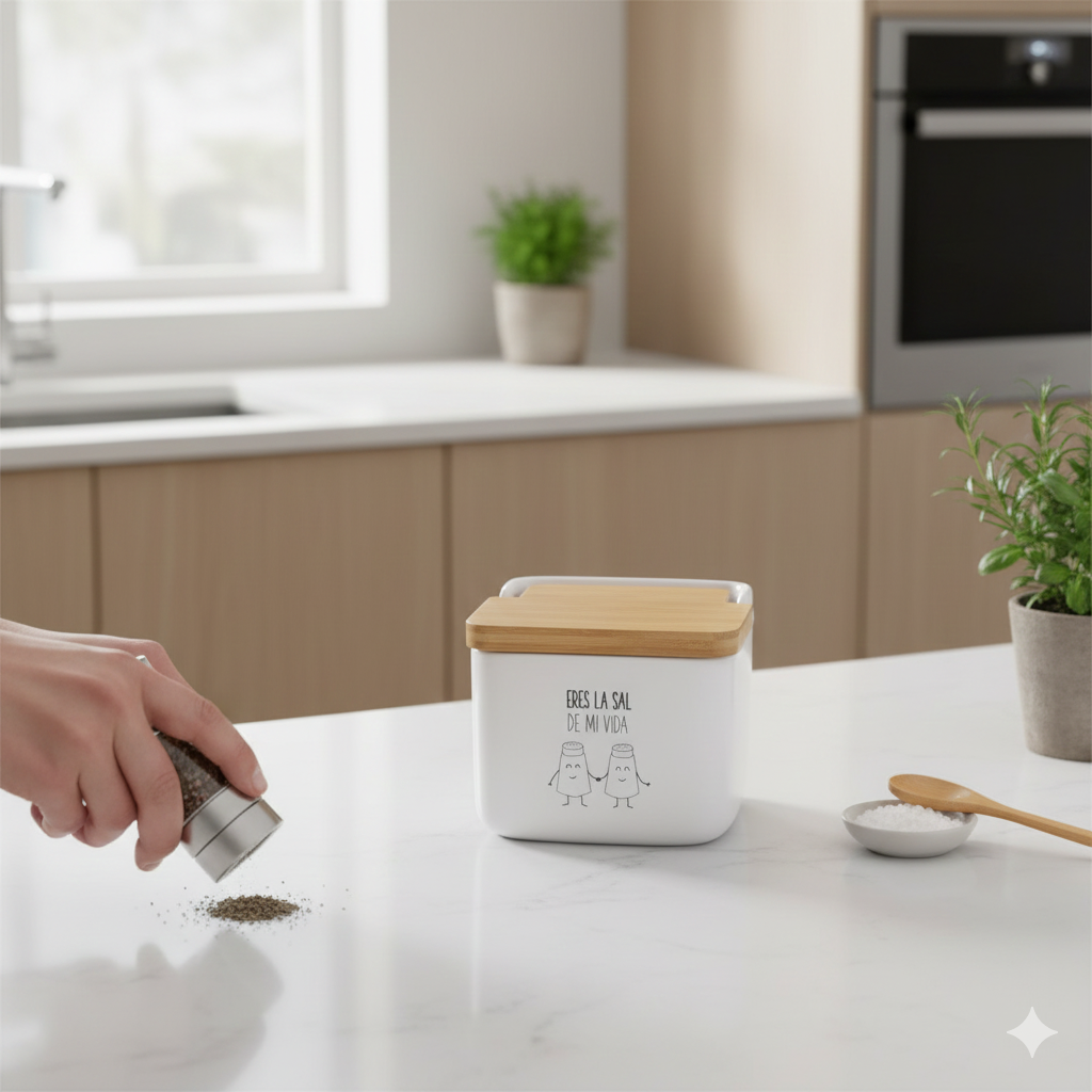 Salero de Cocina de Cerámica con Tapa de Madera Diseños Originales ECHALE Sal A TU Dia…