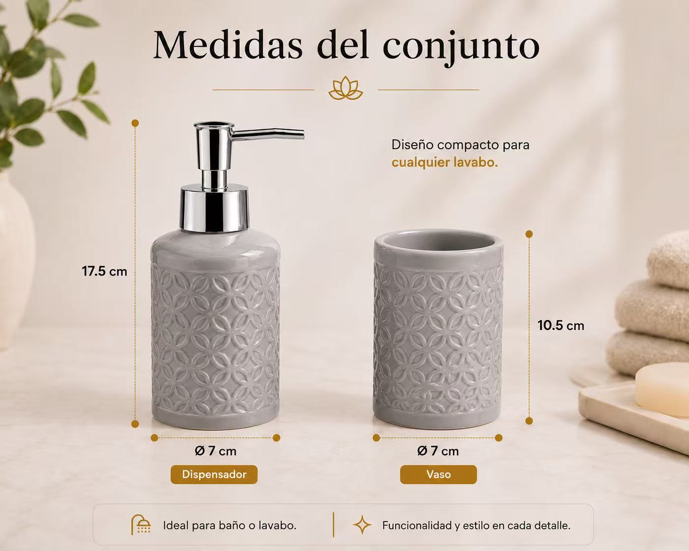 Set de Baño de Cerámica, Dispensador de Jabón y Vaso para Cepillos de Dientes, Accesorios para Baño y Lavabo, Diseño Moderno