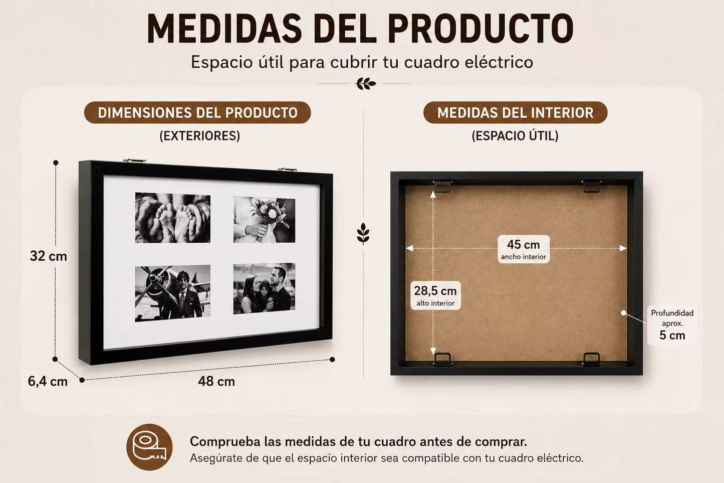 Tapa Contador de Luz con Marco para 4 Fotos, Estilo Nórdico, Cubre Cuadro Eléctrico, 48 × 32 cm