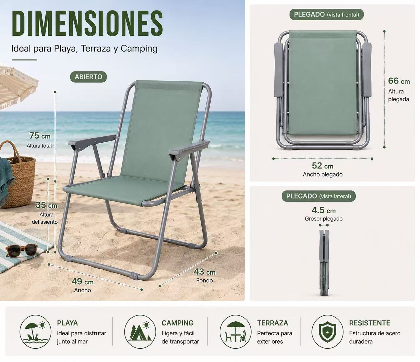 Silla de Playa Plegable Compacta, Ultraligera, con Respaldo Alto y Reposabrazos, Fácil de Transportar, Ideal para Playa, Camping, Terraza, Jardín, Balcón y Exterior