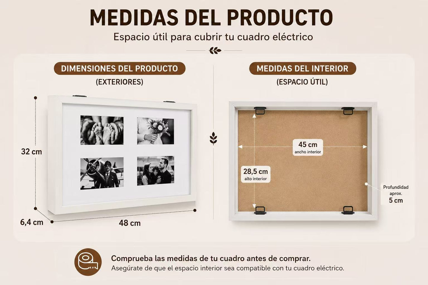Tapa Contador de Luz con Marco para 4 Fotos, Estilo Nórdico, Cubre Cuadro Eléctrico, 48 × 32 cm