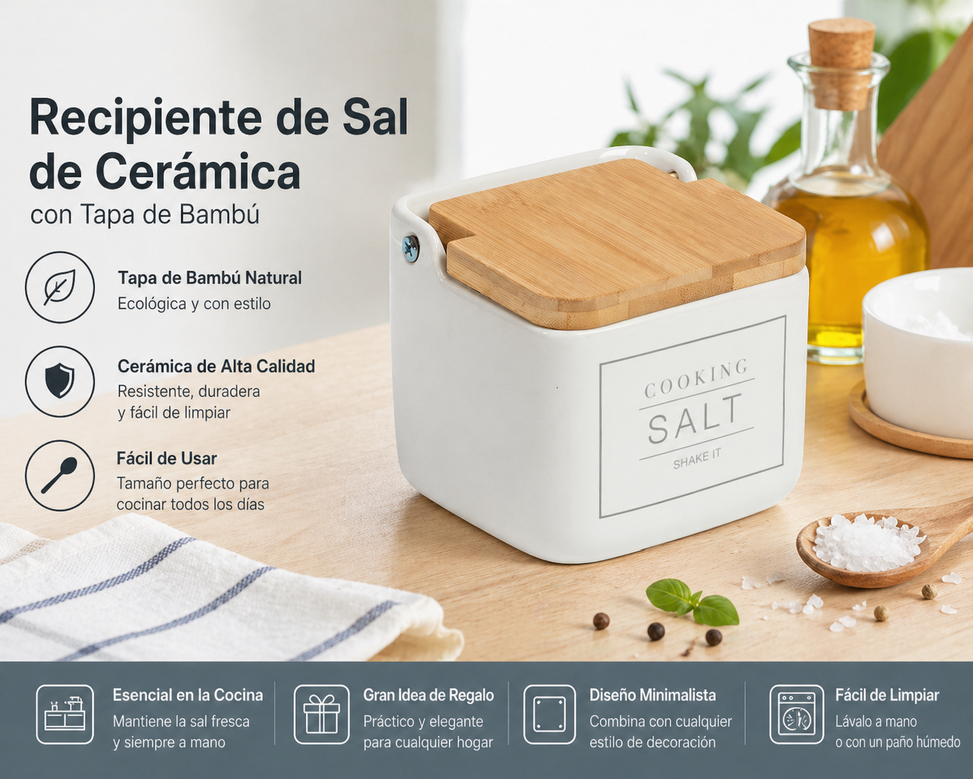 Salero de Cerámica con Tapa de Bambú, 700 ml, Recipiente de Sal y Especias, Diseño Moderno para Cocina