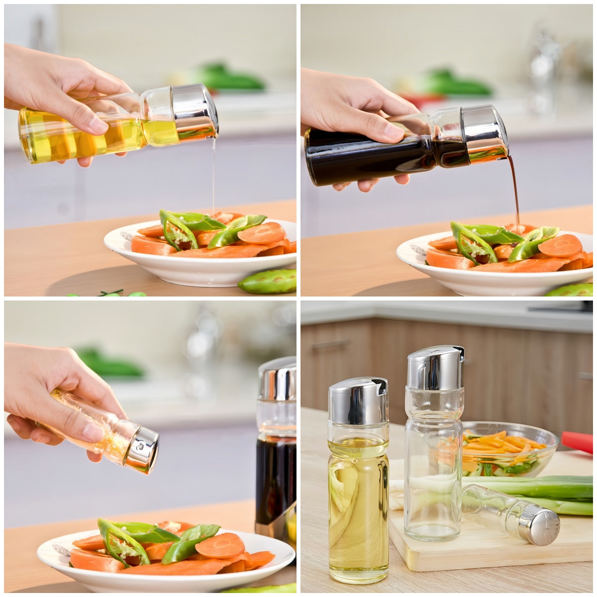 DAMDAM GO Juego de Aceitera y Vinagrera, Vidrio, Inoxidable, Set de Aceite y Vinagre para Mesa con Soporte, Color Acero y Transparente