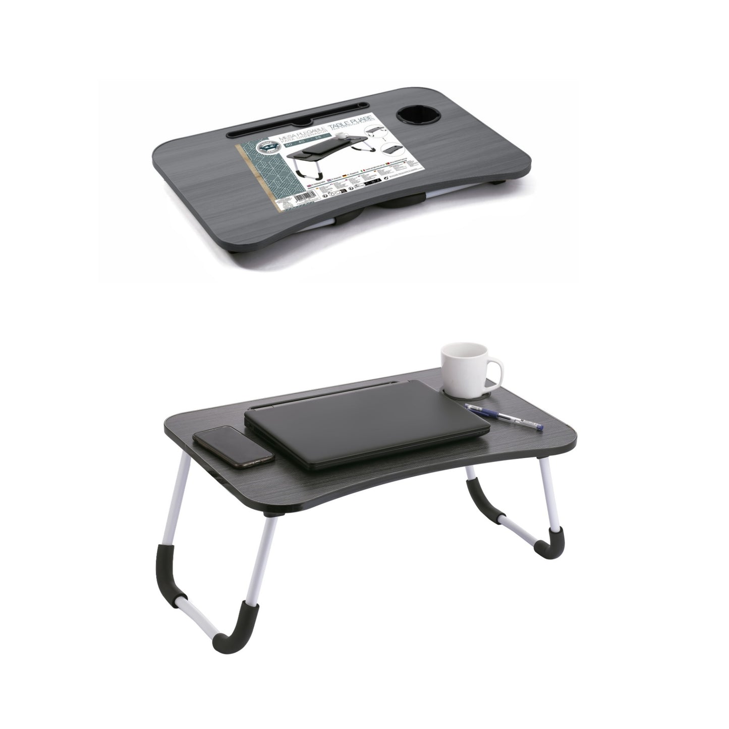 Mesa de Ordenador Portátil Para Sofá, Bandeja Plegable para Cama, Mesita de Desayuno con Portavasos Multifunción