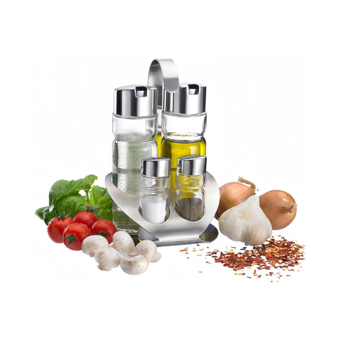 Set de Aceitera y Vinagrera, Vidrio, Acero Inoxidable, Juego de 4 Especieros, con Asa Fácil Transporte, Ideal Para Cocina, Comedor o Restaurante