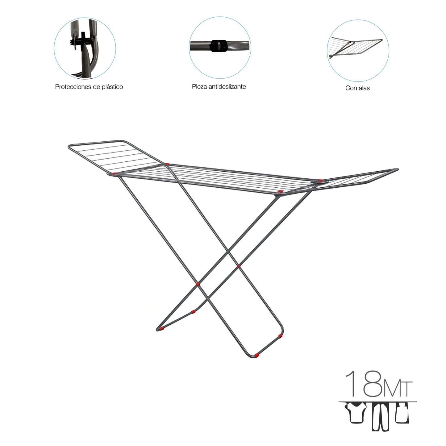DAMDAM GO Tendedero de Ropa con Alas Plegables – 18 Metros de Secado – Compacto, Estable y Antideslizante – Estructura Metálica Resistente – Compactor Simply