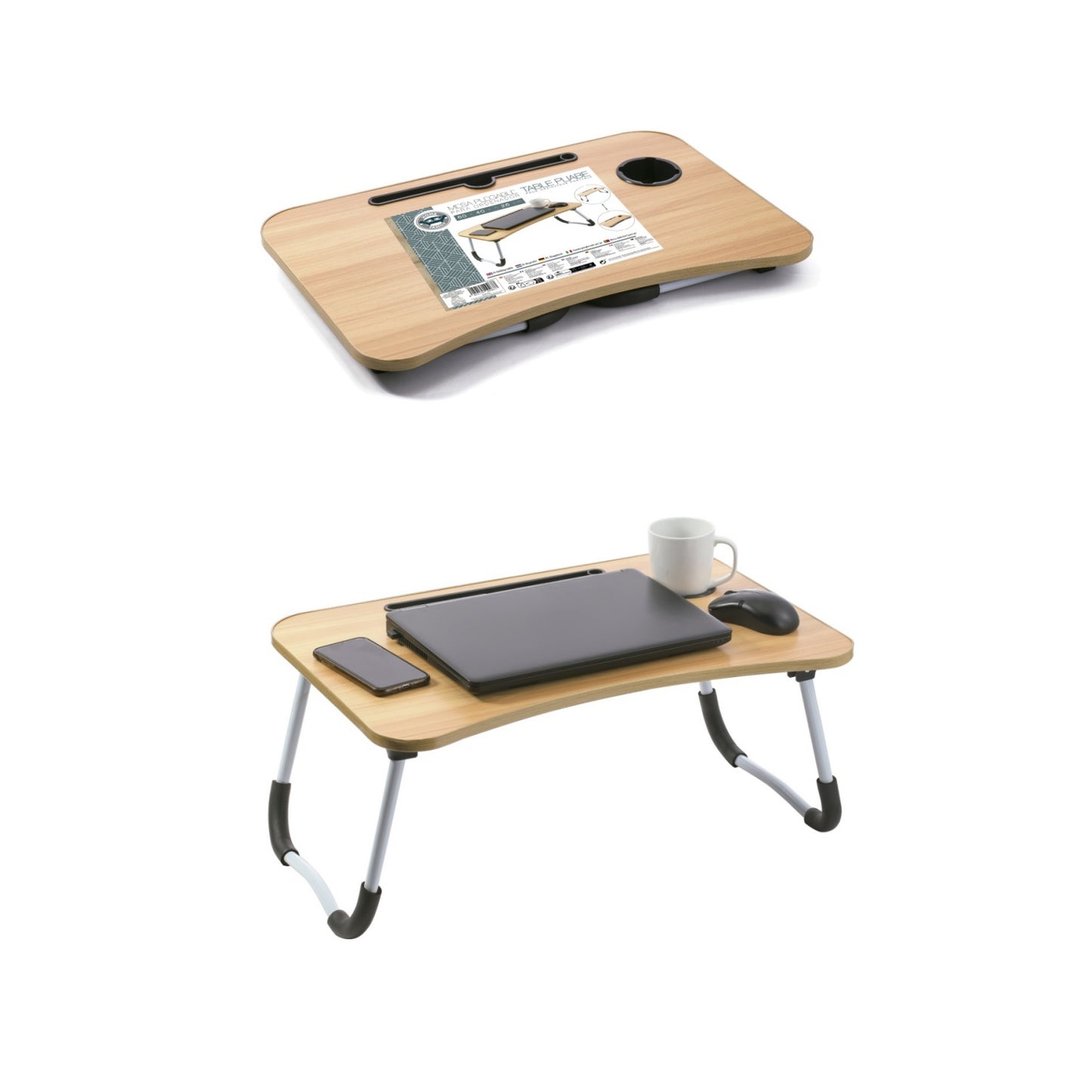 Mesa de Ordenador Portátil Para Sofá, Bandeja Plegable para Cama, Mesita de Desayuno con Portavasos Multifunción