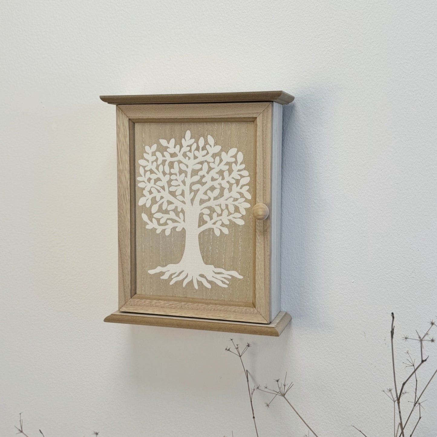 Caja Guardallaves de Madera Decorada con Arbol de la Vida Estilo Nórdico con 6 Colgadores de Pared