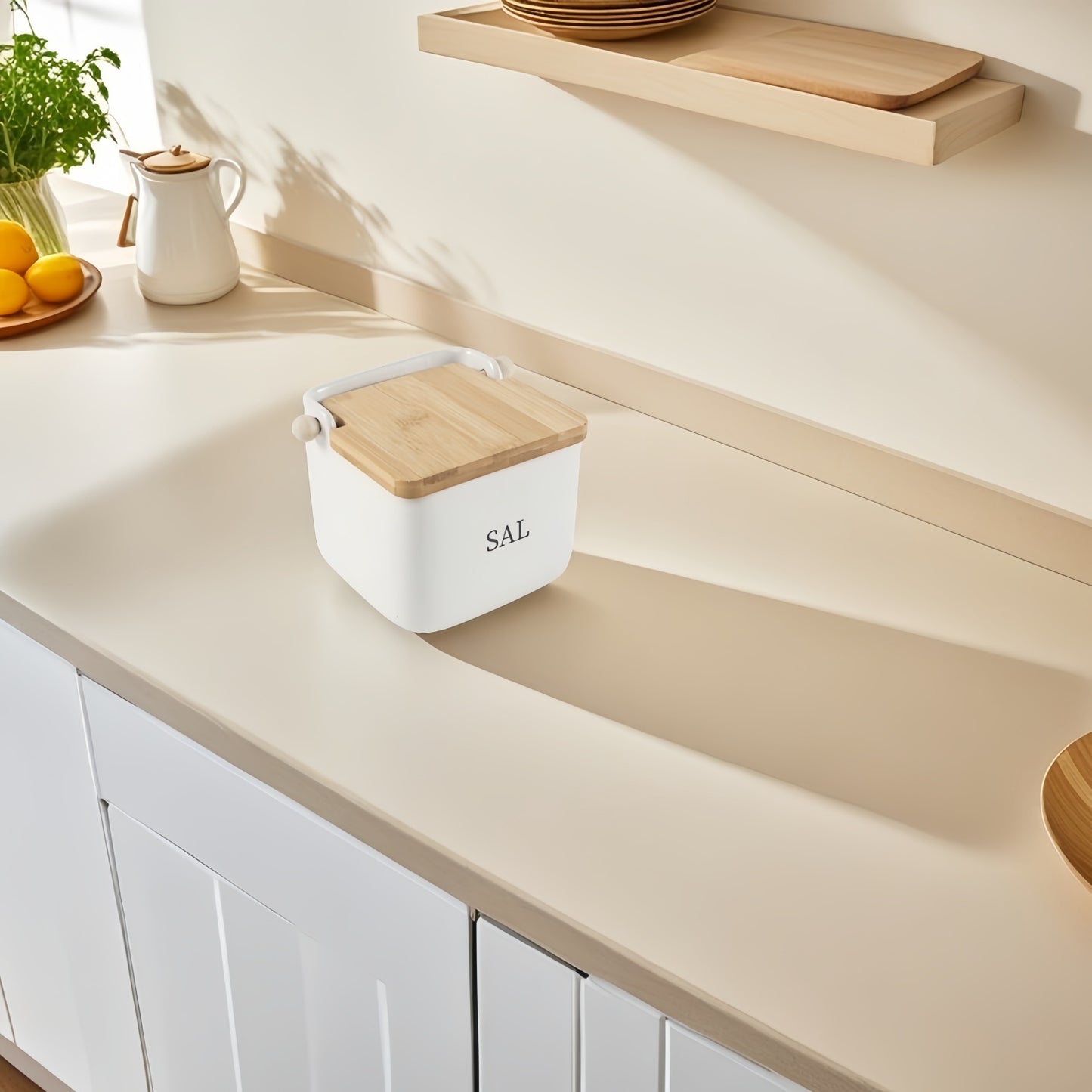 Salero y azucarero cocina blanco minimalista ceramica con tapa madera español (Salero)