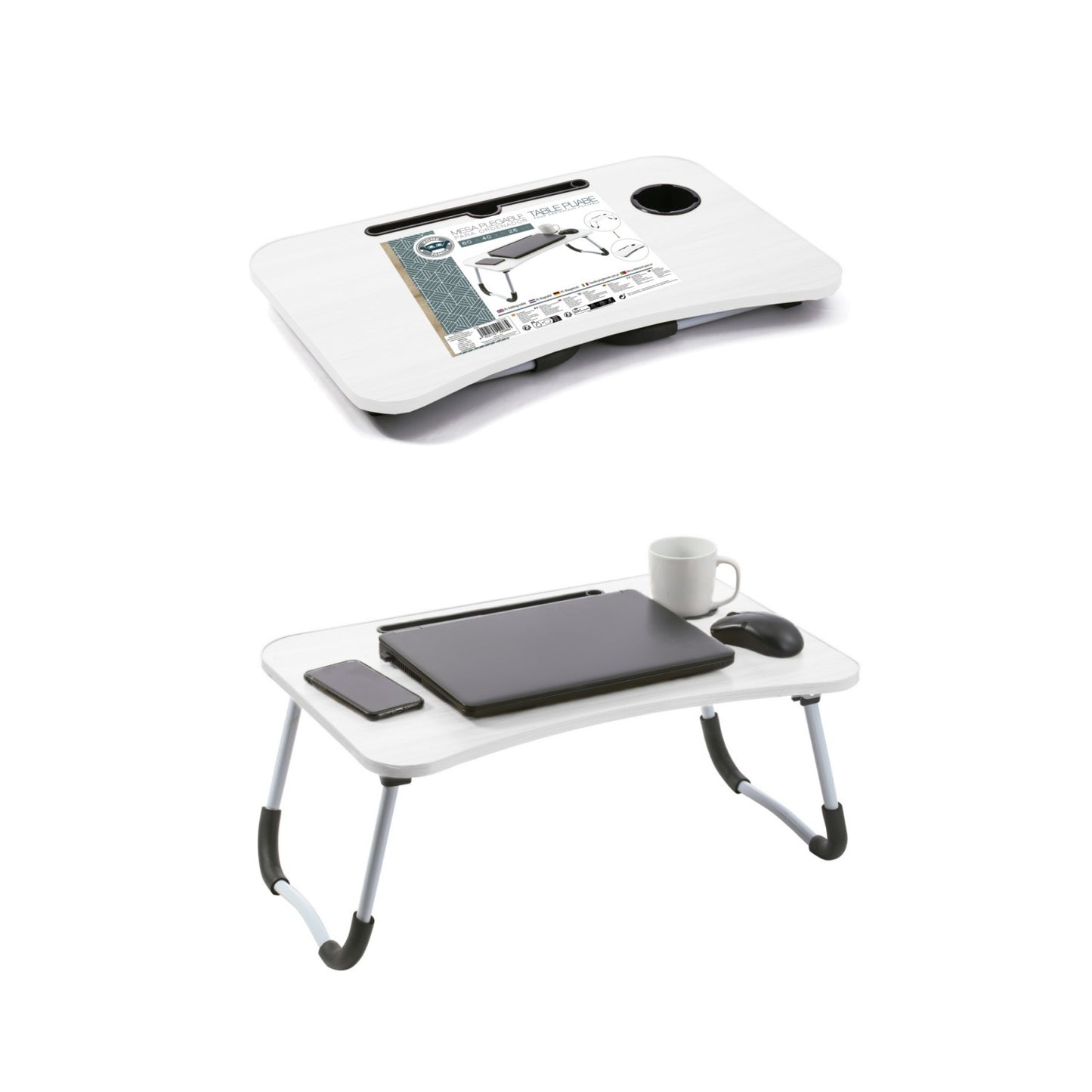 Mesa de Ordenador Portátil Para Sofá, Bandeja Plegable para Cama, Mesita de Desayuno con Portavasos Multifunción