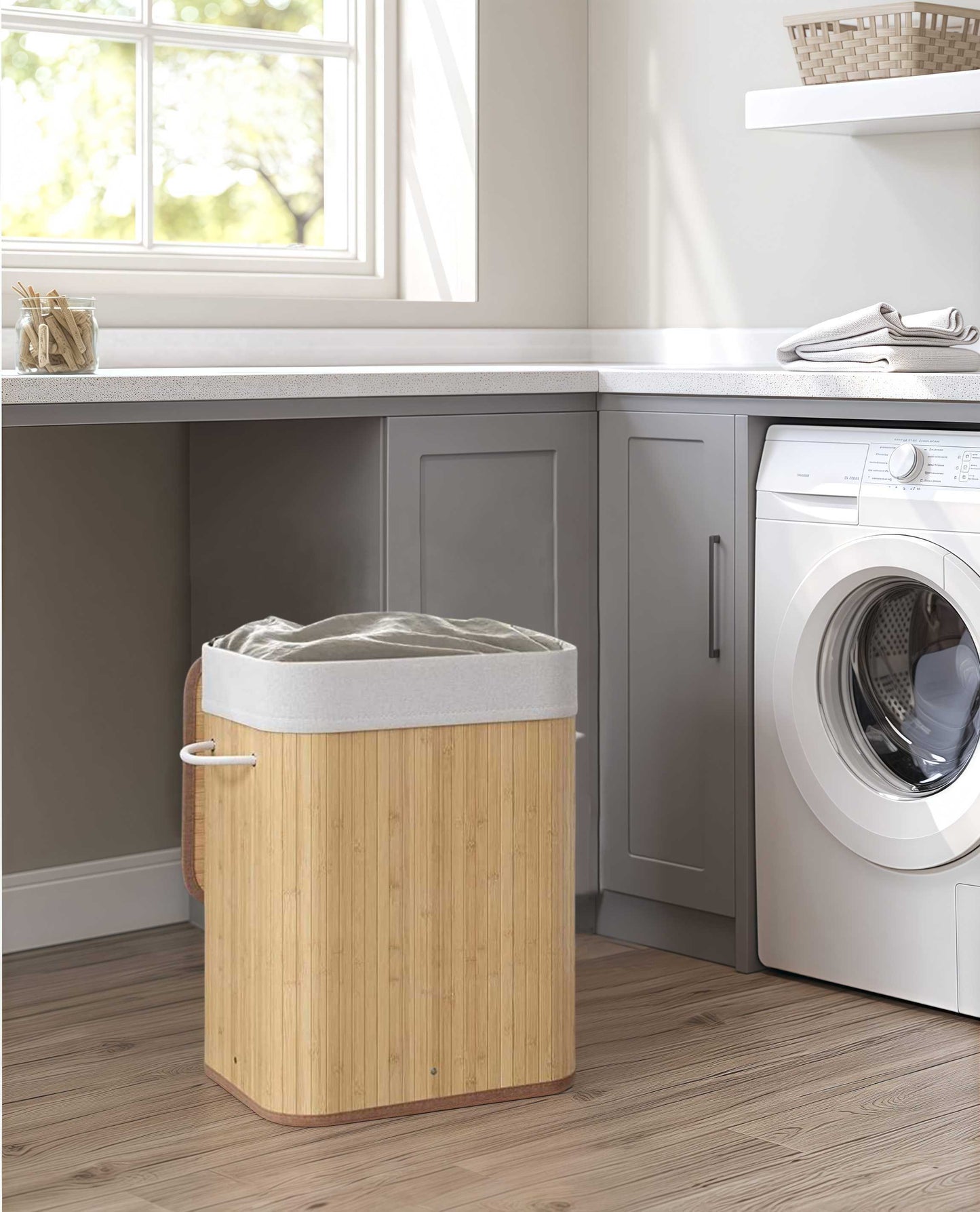 Cesto Para Ropa Sucia, Cubo con Tapa y Asas, Bolsa Lavable Extraíble, Cesta de Bambú Para Ropa