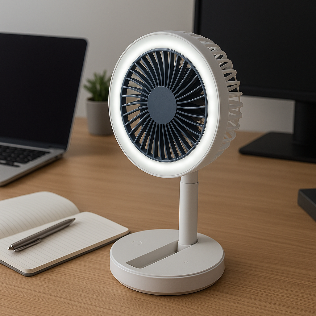 Ventilador de Sobremesa, Ventilador USB Plegable con Luz LED, Ventilador de Refrigeración Ajustable 180°, Portátil y Silencioso