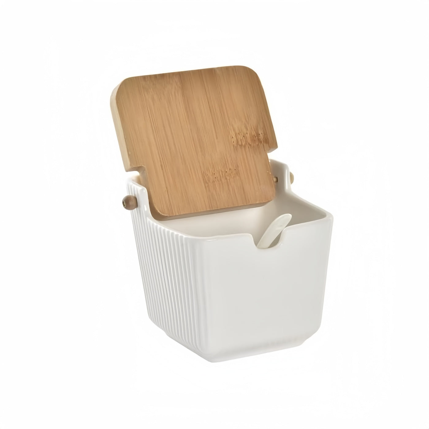 Sarero y Azucarero de Porcelana Blanco con Tapa de Madera Estilo Nordico…