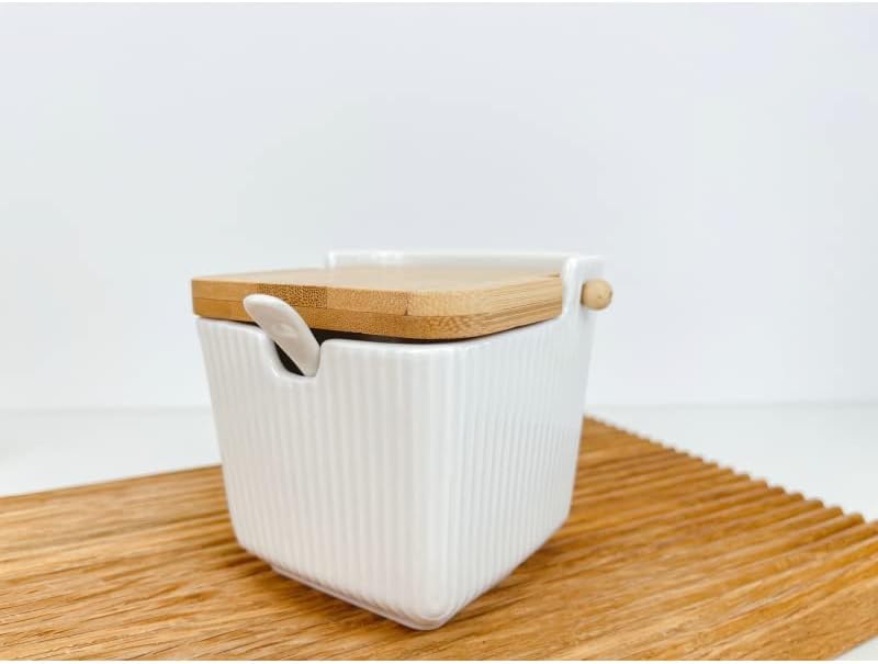 Sarero y Azucarero de Porcelana Blanco con Tapa de Madera Estilo Nordico…