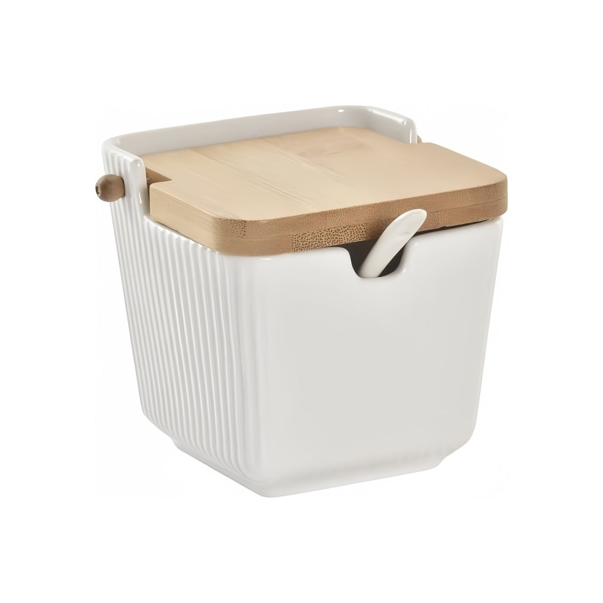 Sarero y Azucarero de Porcelana Blanco con Tapa de Madera Estilo Nordico…