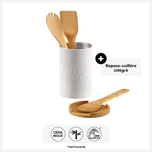 5five - Juego de soporte para utensilios y reposacucharas Naturéo - Cerámica blanca, bambú, 12,8 x 18 cm - Para guardar en la cocina