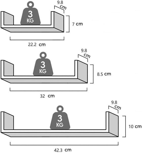 Estantería Pared en Forma U, Set de 3 Estantes Flotantes Juego de Baldas para Libros y Objetos de Decoración