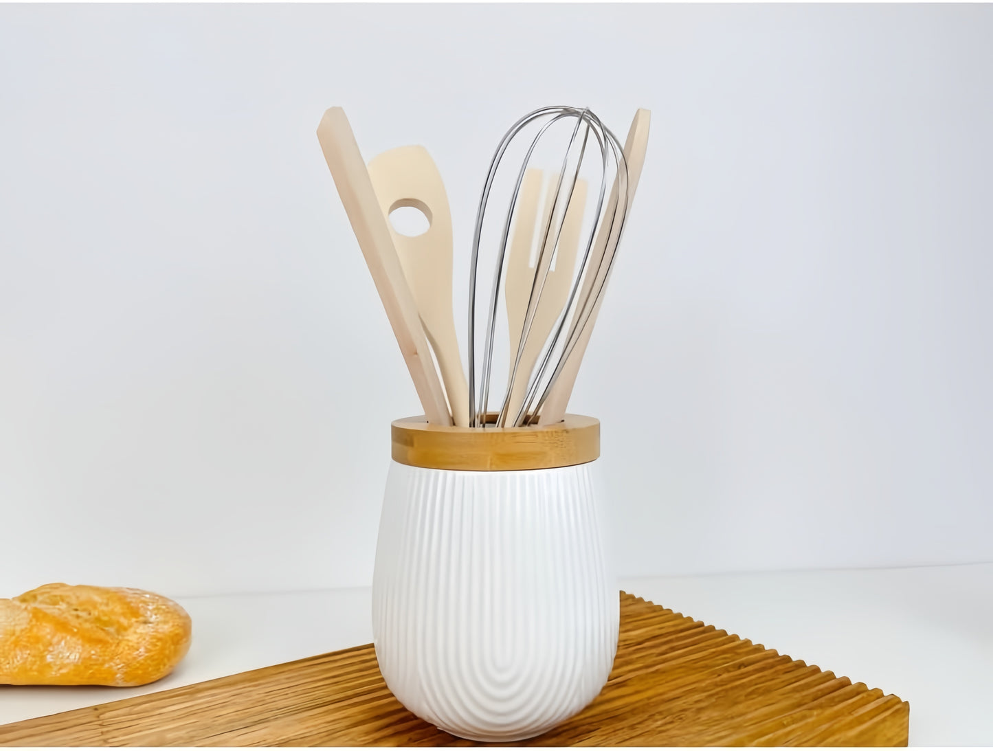 Sarero y Azucarero de Porcelana Blanco con Tapa de Madera Estilo Nordico…