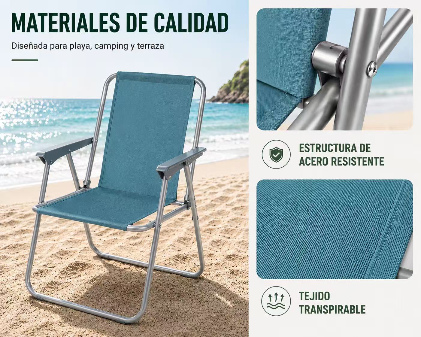Silla de Playa Plegable Compacta, Ultraligera, con Respaldo Alto y Reposabrazos, Fácil de Transportar, Ideal para Playa, Camping, Terraza, Jardín, Balcón y Exterior