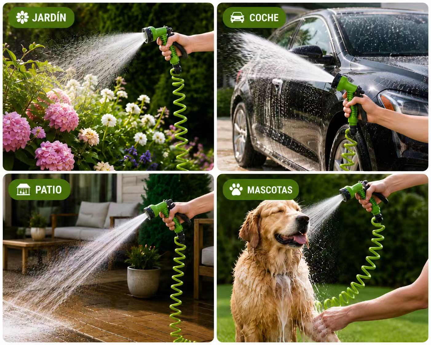 Manguera Espiral para Jardín 10 m con Pistola de Riego de 7 Modos, Gatillo con Bloqueo, Conectores Rápidos, Fácil de Guardar para Coche, Patio y Mascotas