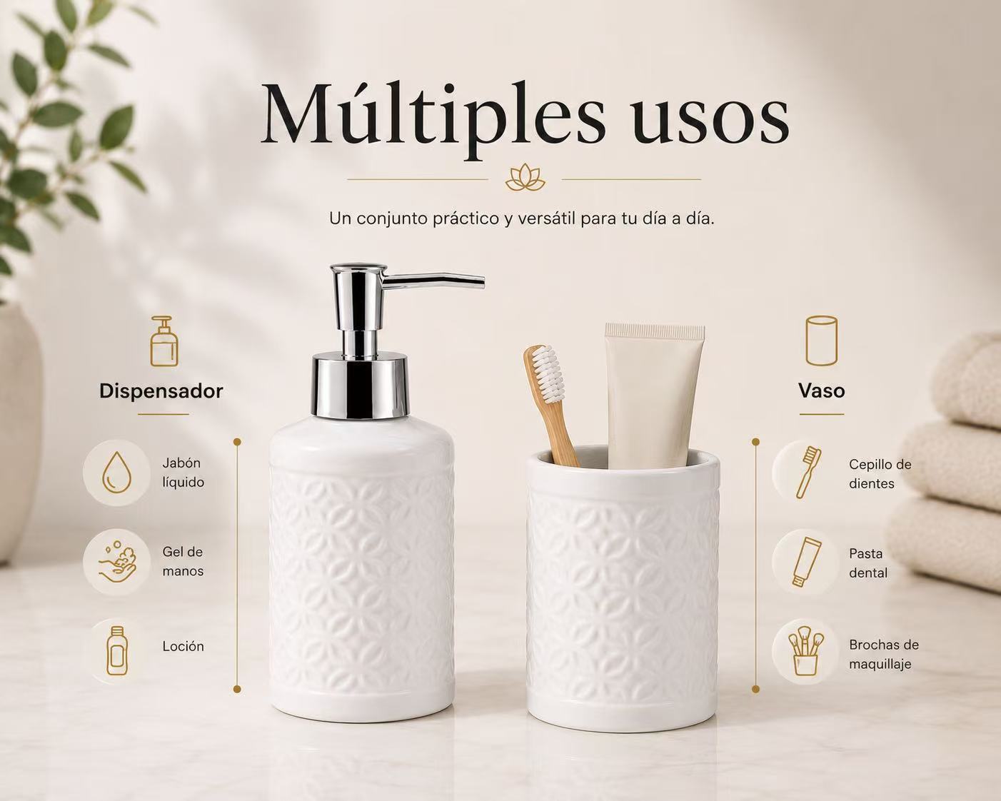 Set de Baño de Cerámica, Dispensador de Jabón y Vaso para Cepillos de Dientes, Accesorios para Baño y Lavabo, Diseño Moderno
