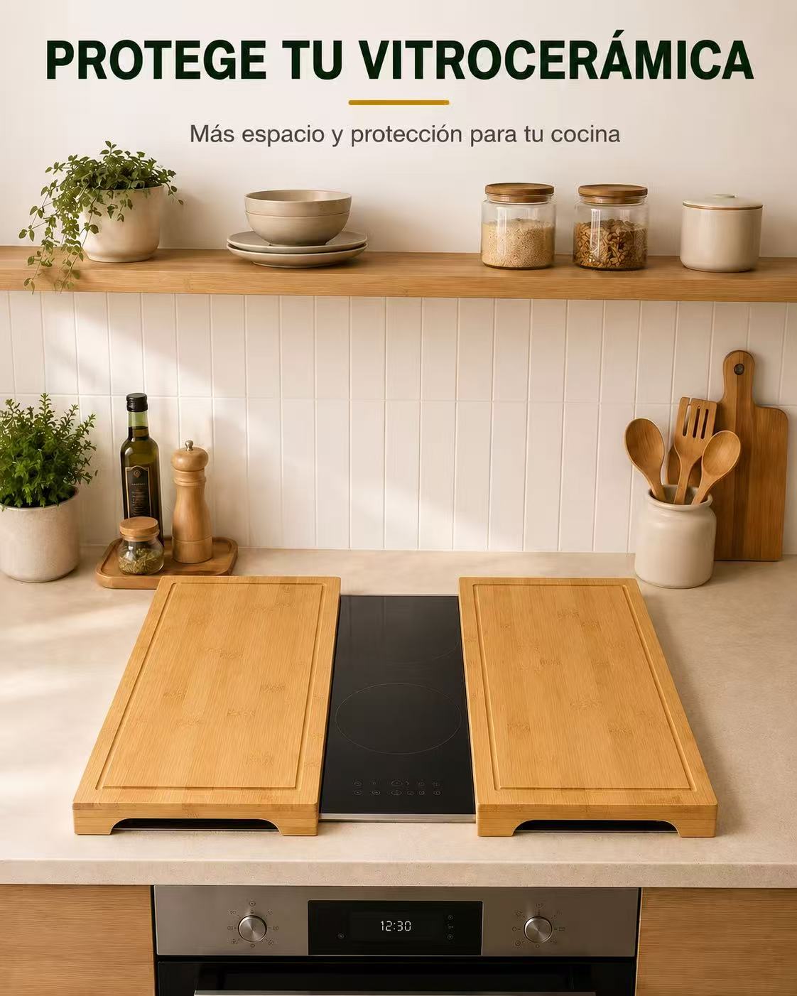 Protector para Vitrocerámica e Inducción, Pack de 2 Tablas de Cortar de Bambú con Ranura Antiderrames, Amplía el Espacio de Trabajo para Cortar, Servir y Proteger, 53,8 × 28 cm