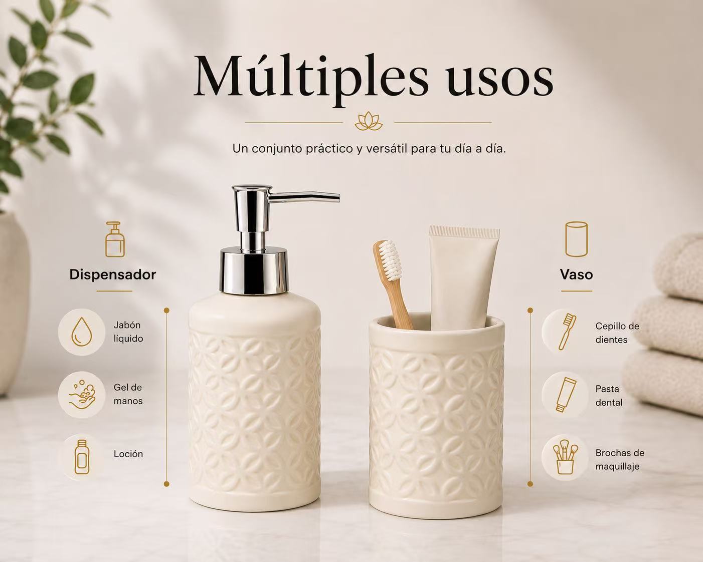 Set de Baño de Cerámica, Dispensador de Jabón y Vaso para Cepillos de Dientes, Accesorios para Baño y Lavabo, Diseño Moderno