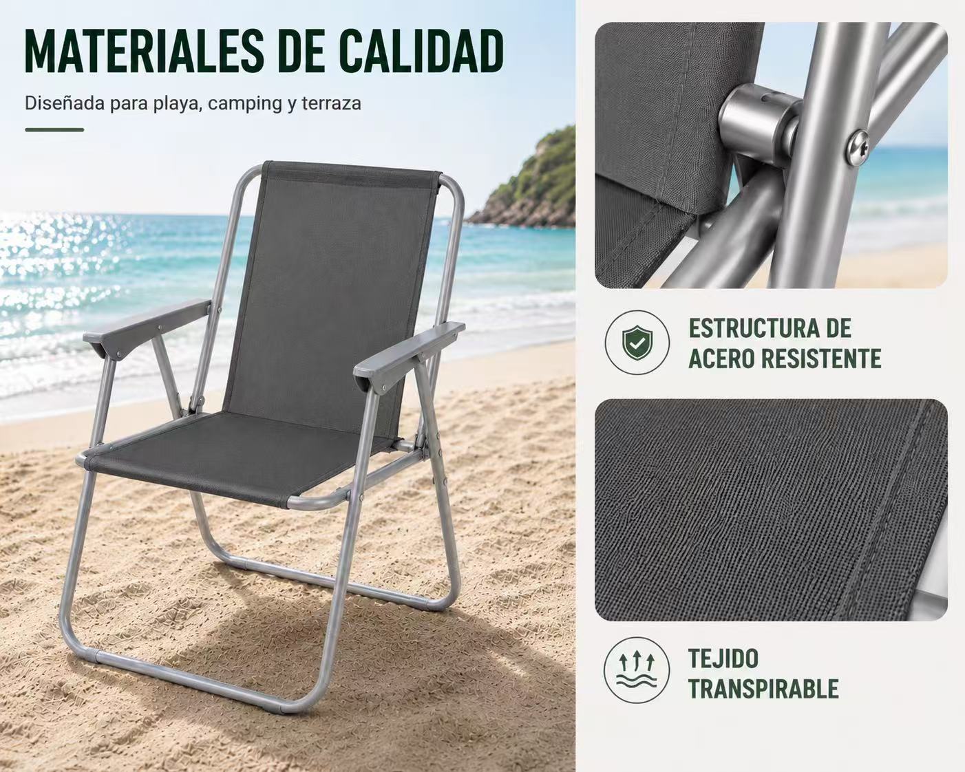 Silla de Playa Plegable Compacta, Ultraligera, con Respaldo Alto y Reposabrazos, Fácil de Transportar, Ideal para Playa, Camping, Terraza, Jardín, Balcón y Exterior