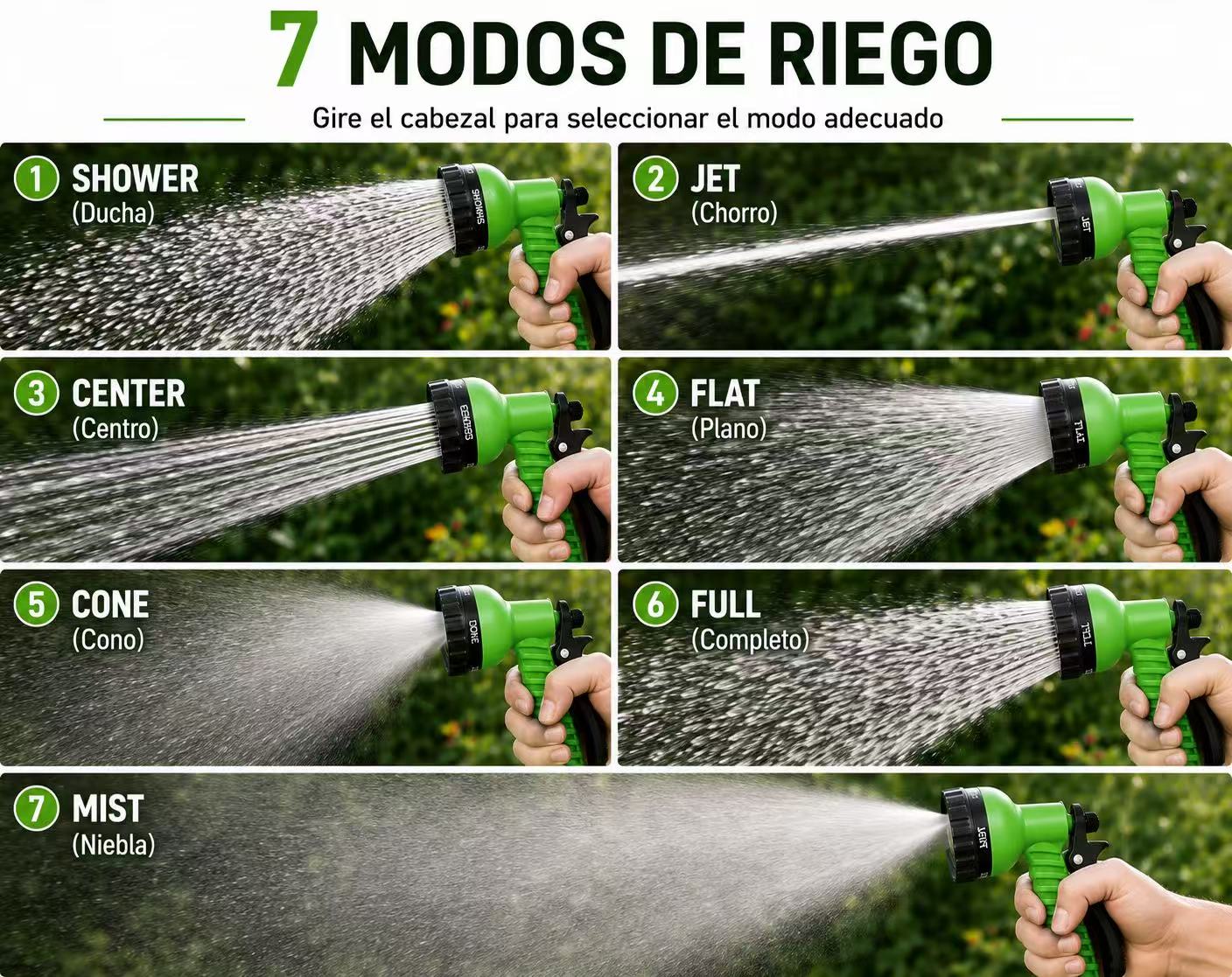 Manguera Extensible de Jardín 5-15 m con Pistola de Riego de 7 Modos y Gatillo con Bloqueo, para Césped, Piscina, Terraza y Lavado de Coches
