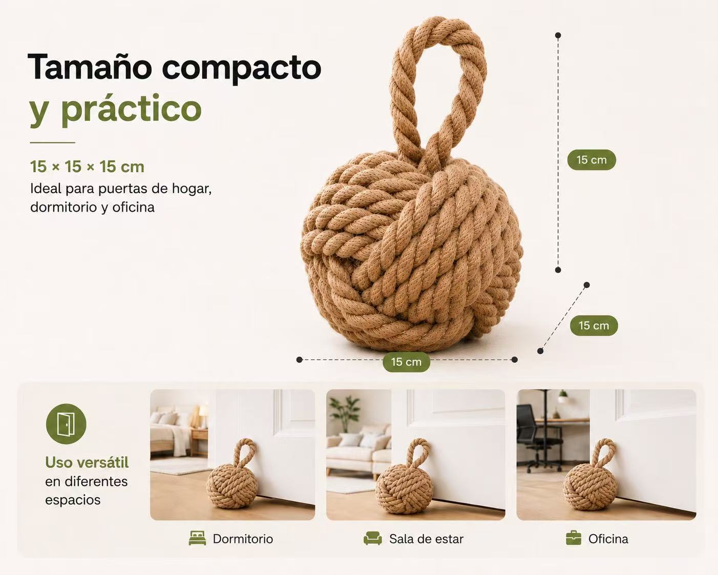 Sujetapuertas Decorativo con Asa de Cuerda, Tope de Puerta 15x15x15 cm, Retenedor para Hogar, Dormitorio, Salón y Oficina