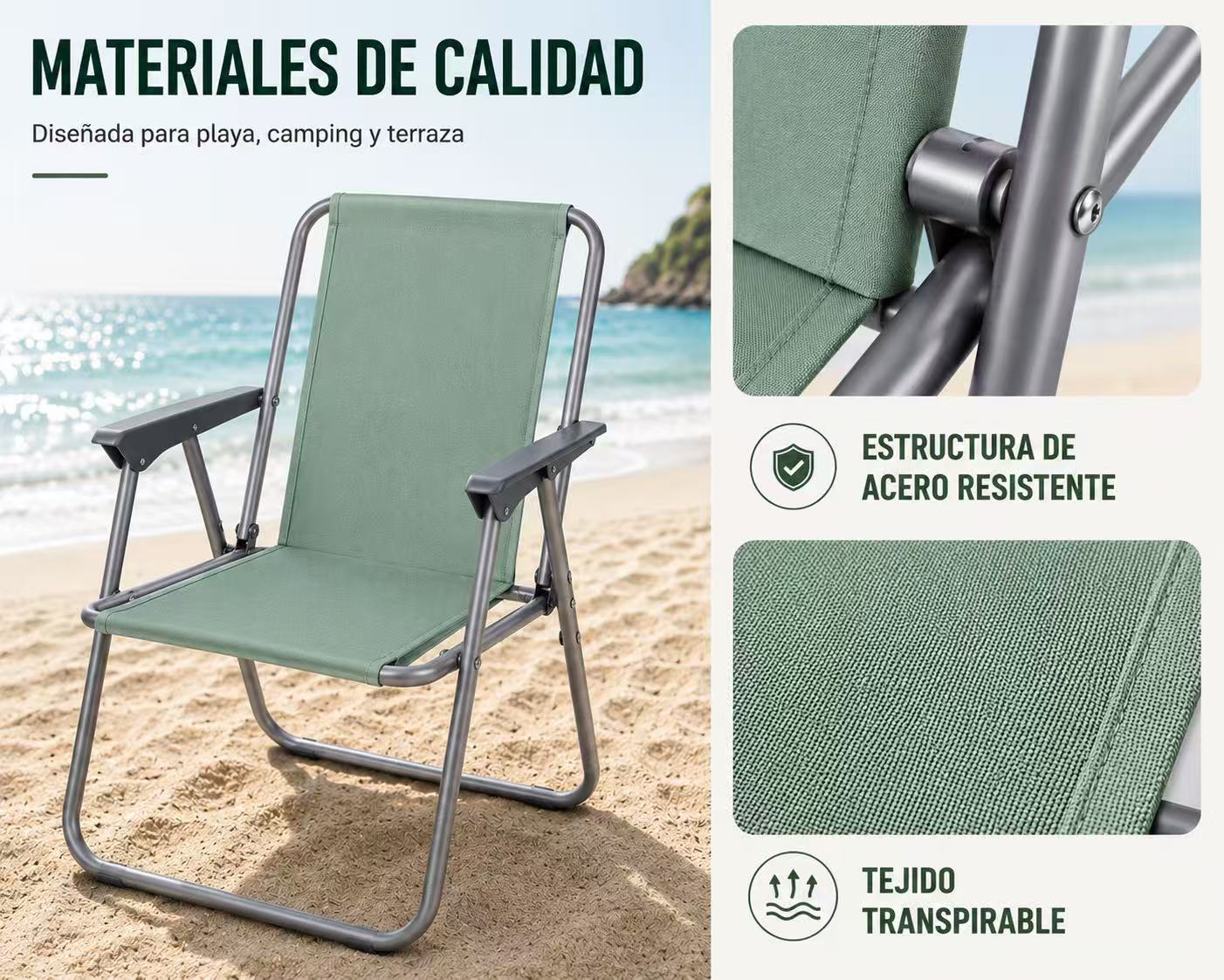 Silla de Playa Plegable Compacta, Ultraligera, con Respaldo Alto y Reposabrazos, Fácil de Transportar, Ideal para Playa, Camping, Terraza, Jardín, Balcón y Exterior