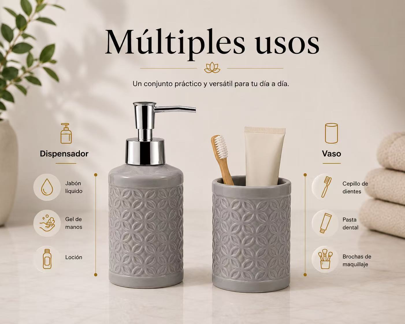 Set de Baño de Cerámica, Dispensador de Jabón y Vaso para Cepillos de Dientes, Accesorios para Baño y Lavabo, Diseño Moderno