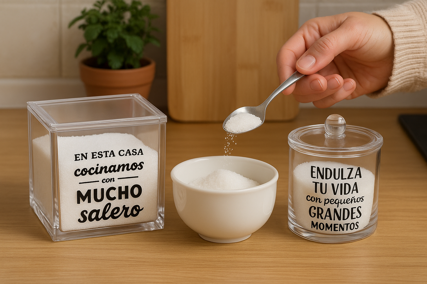 DAMDAM GO Salero y Azucarero de Cocina Super Original Acrilico Diseño Frases, Juego de Sal y Azúcar con Tapa
