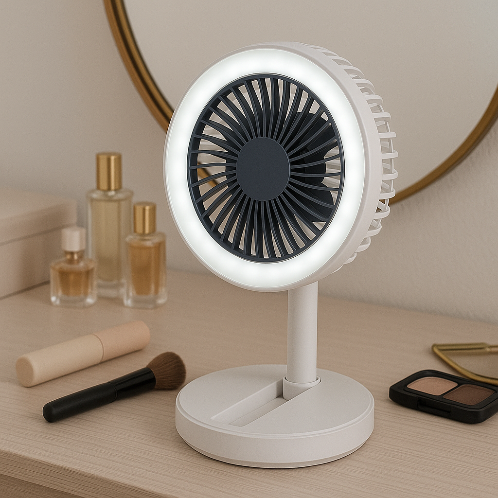Ventilador de Sobremesa, Ventilador USB Plegable con Luz LED, Ventilador de Refrigeración Ajustable 180°, Portátil y Silencioso