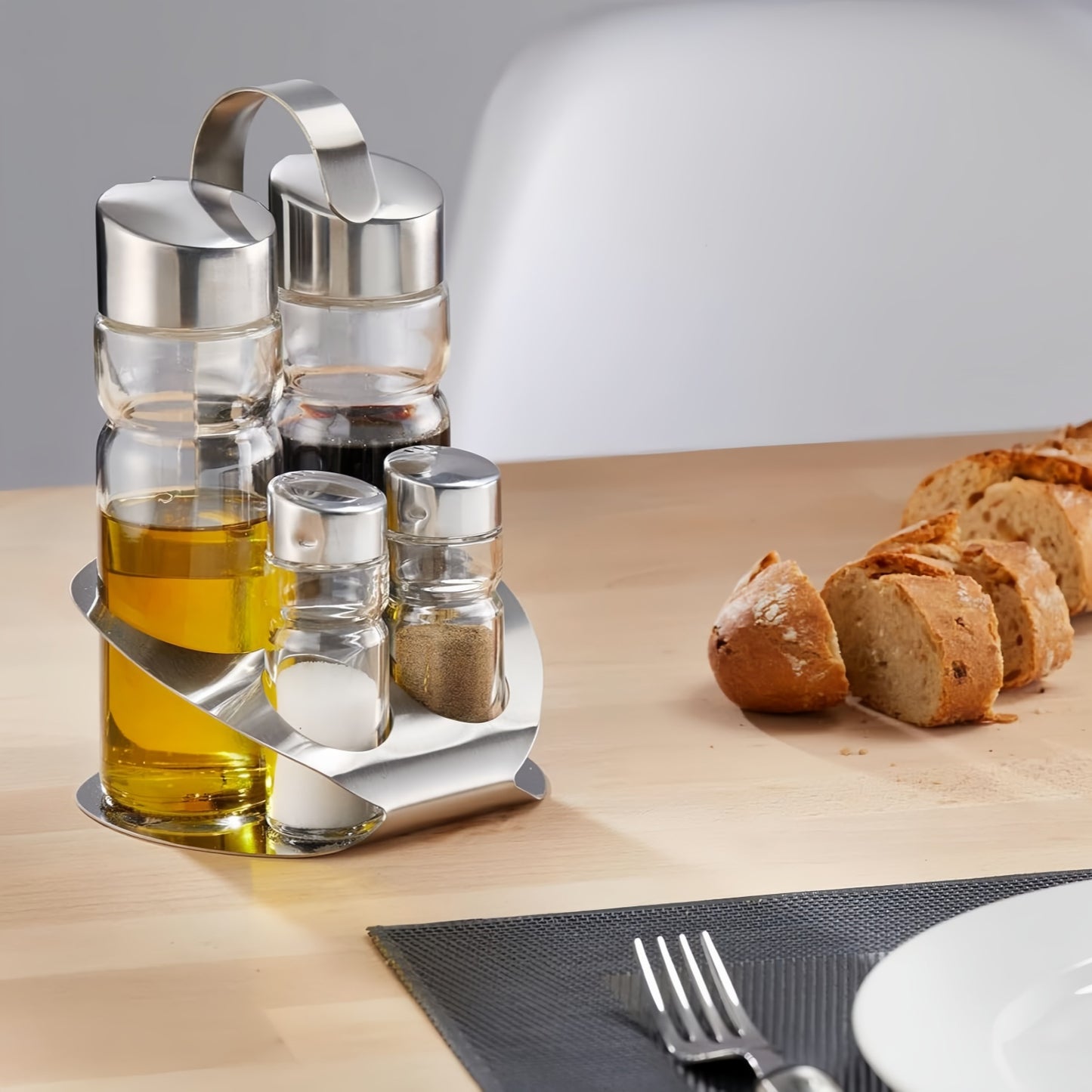 Set de Aceitera y Vinagrera, Vidrio, Acero Inoxidable, Juego de 4 Especieros, con Asa Fácil Transporte, Ideal Para Cocina, Comedor o Restaurante