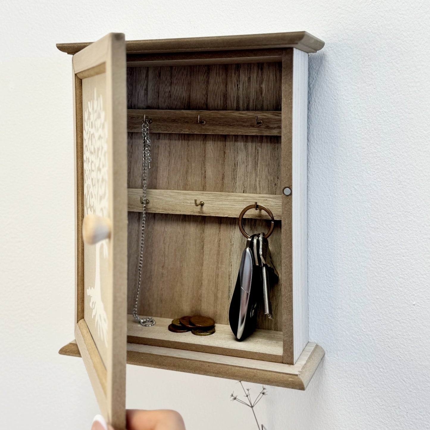 Caja Guardallaves de Madera Decorada con Arbol de la Vida Estilo Nórdico con 6 Colgadores de Pared