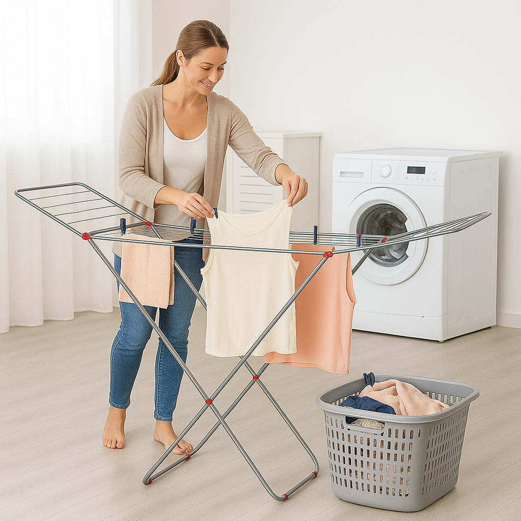 DAMDAM GO Tendedero de Ropa con Alas Plegables – 18 Metros de Secado – Compacto, Estable y Antideslizante – Estructura Metálica Resistente – Compactor Simply