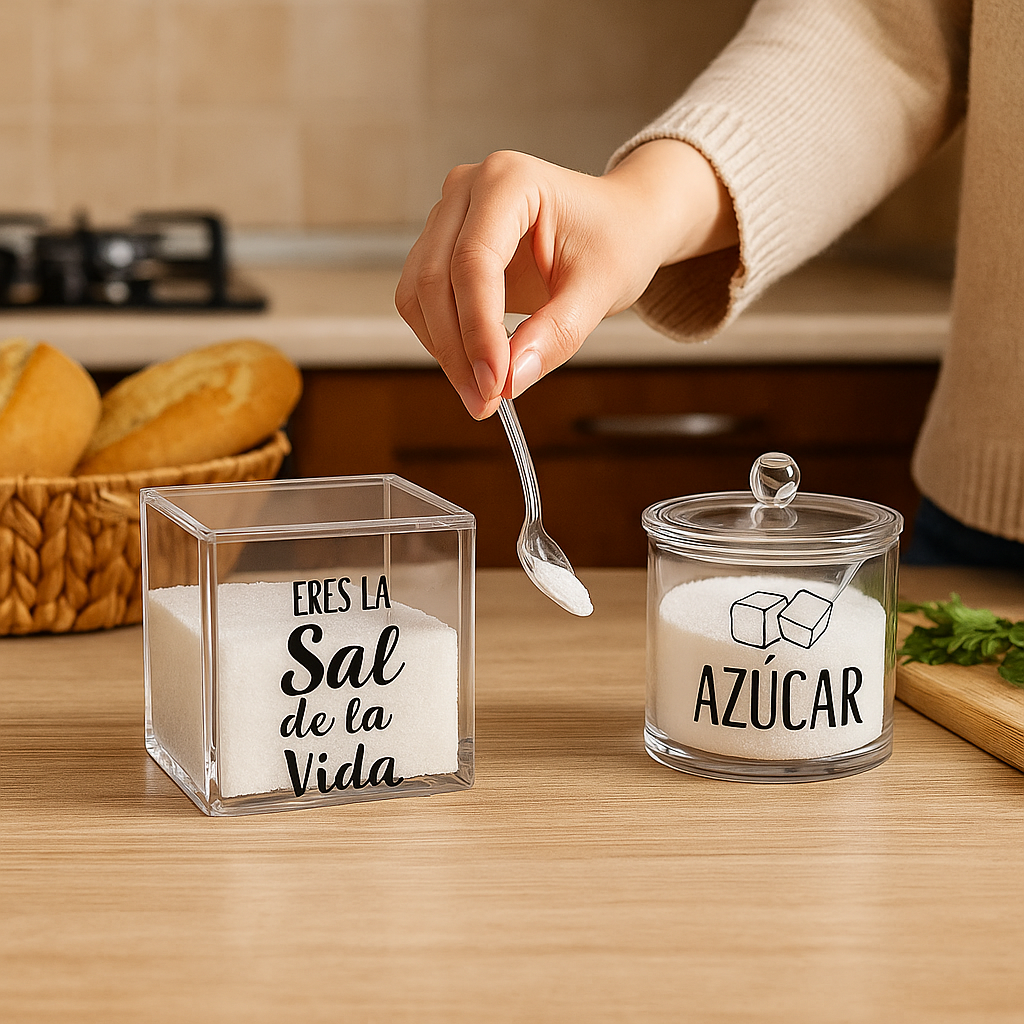 DAMDAM GO Salero y Azucarero de Cocina Super Original Acrilico Diseño Frases, Juego de Sal y Azúcar con Tapa